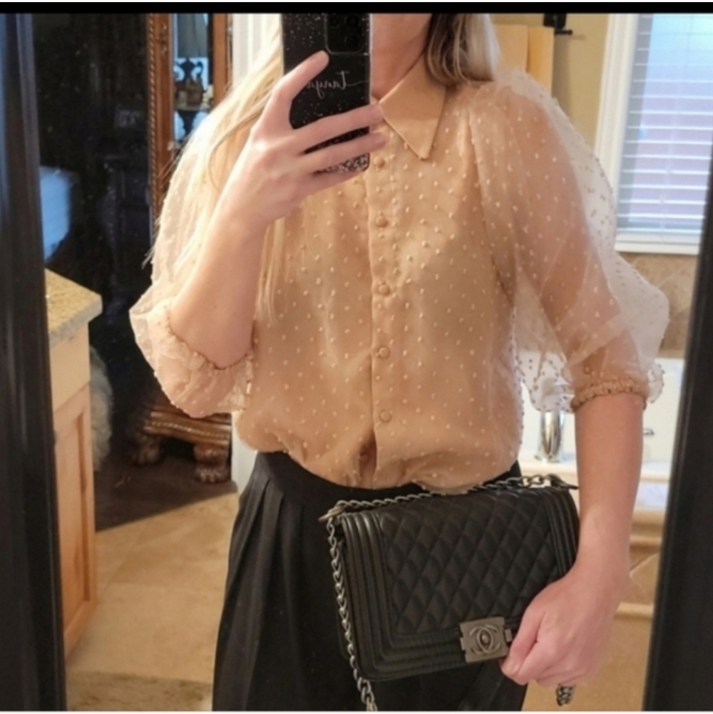 Elegant Sheer Polka Dot Blouse - Cream